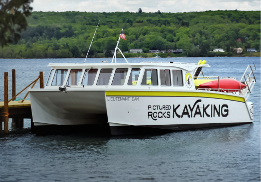 Watercraft on water showcasing Wynne window products.